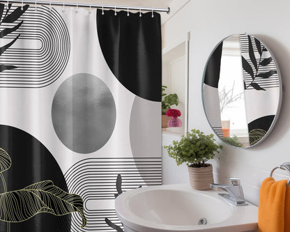 LanZanthic Black and White Boho Shower Curtains for Bathroom Dark Grey Mens Mid Century Modern Wet Room Shower Curtain with hooks