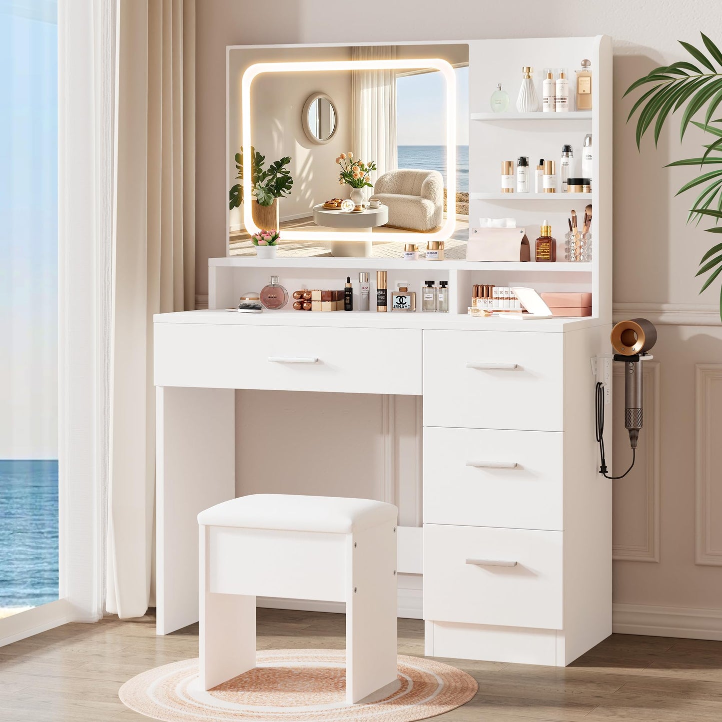 LIVELYGLOW Makeup Vanity Desk with Smart LED Mirror, Dressing Table with Power Outlet & Hairdryer Rack, 4 Drawers & Open Shelves