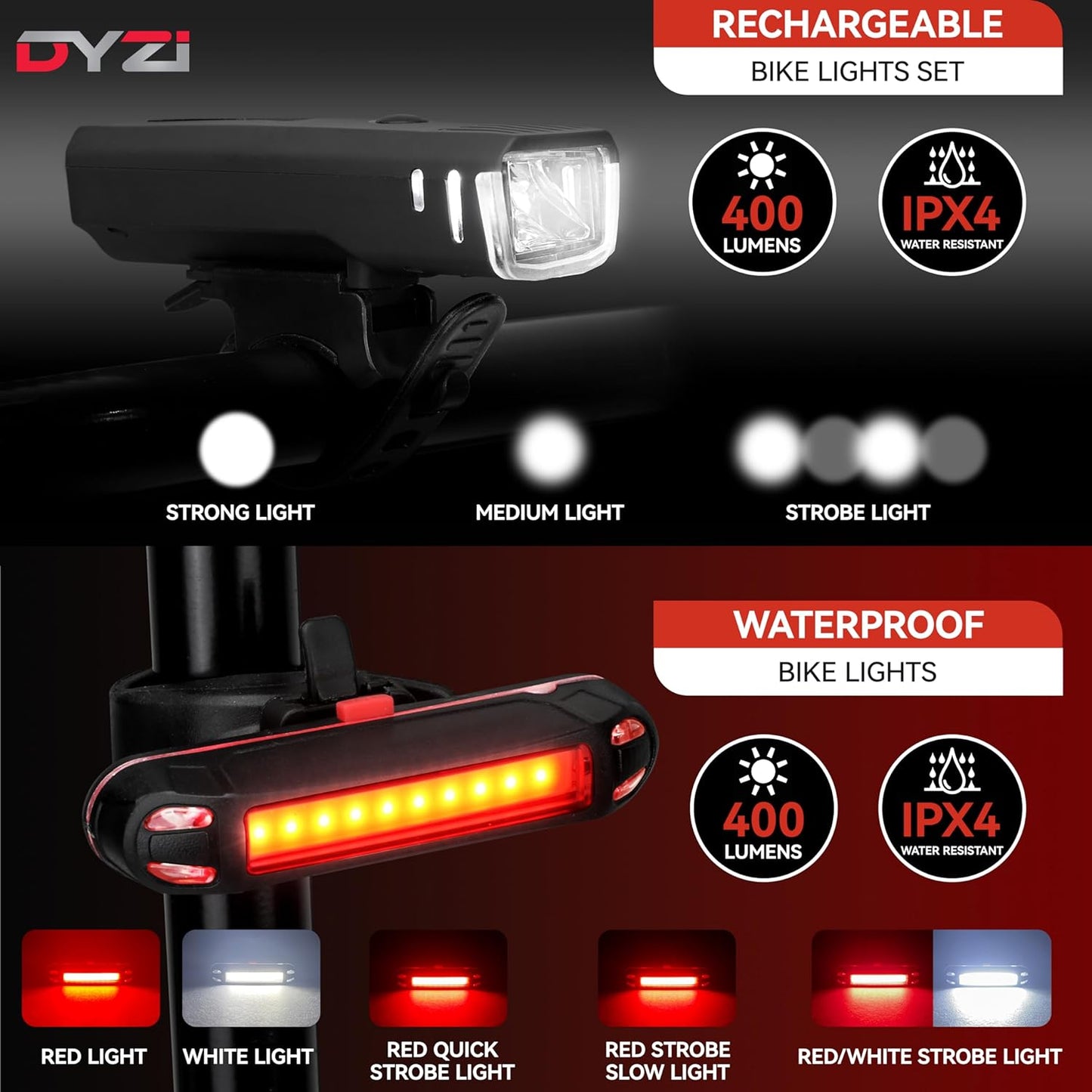 Dyzi Bike Lights - USB Rechargeable Ultra Bright Front & Back Bike Light Sets - 4 Light Modes With Daylight Sensor - Easy to Fit and Mount LED Bicycle Lights