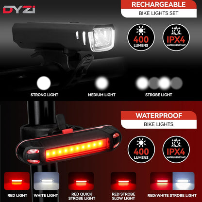 Dyzi Bike Lights - USB Rechargeable Ultra Bright Front & Back Bike Light Sets - 4 Light Modes With Daylight Sensor - Easy to Fit and Mount LED Bicycle Lights