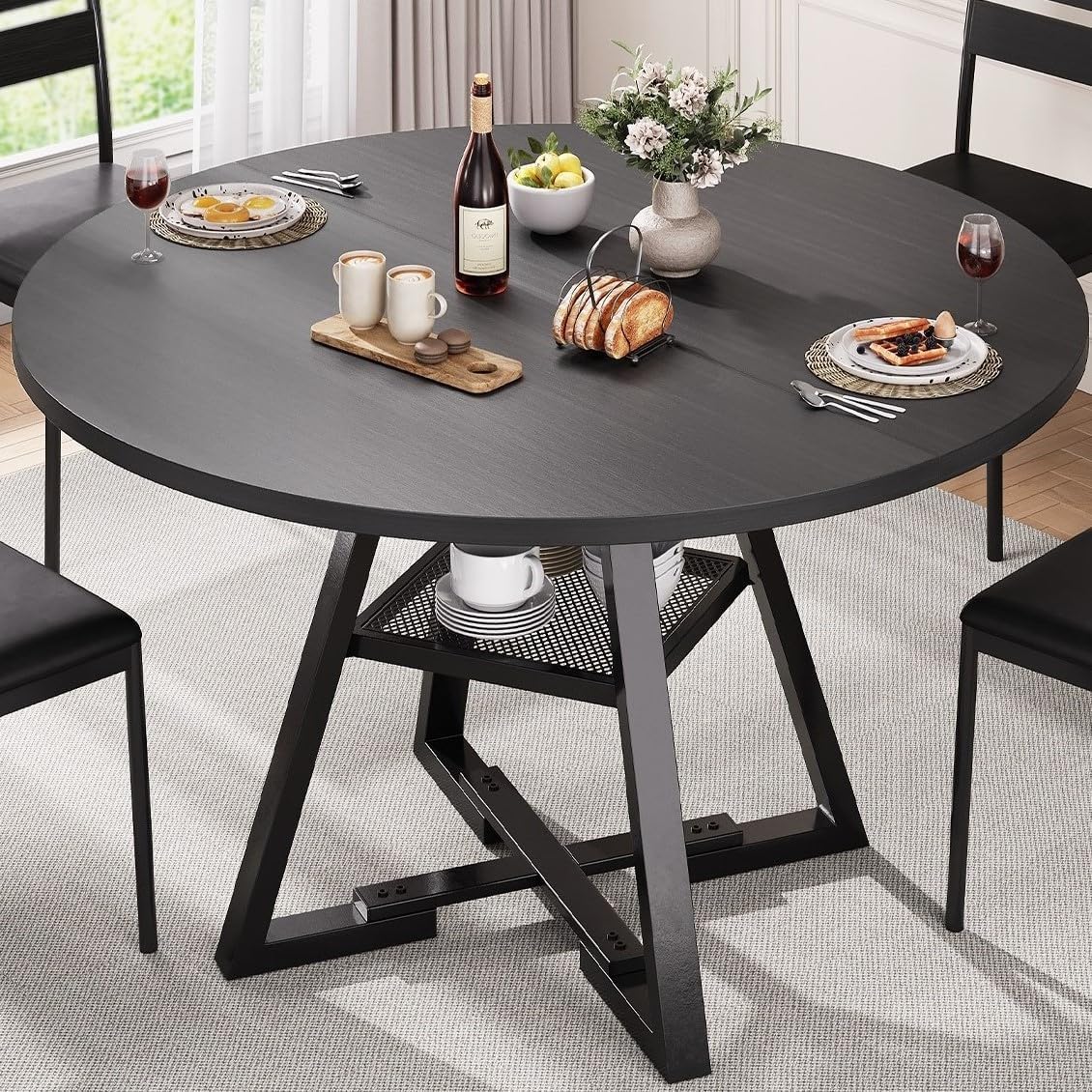 Jocoevol Round Dining Table for 2 People, Circle Dinner Table with Shelves, Space Saving Wood Kitchen & Dining Room Furniture (Black, 31 inch