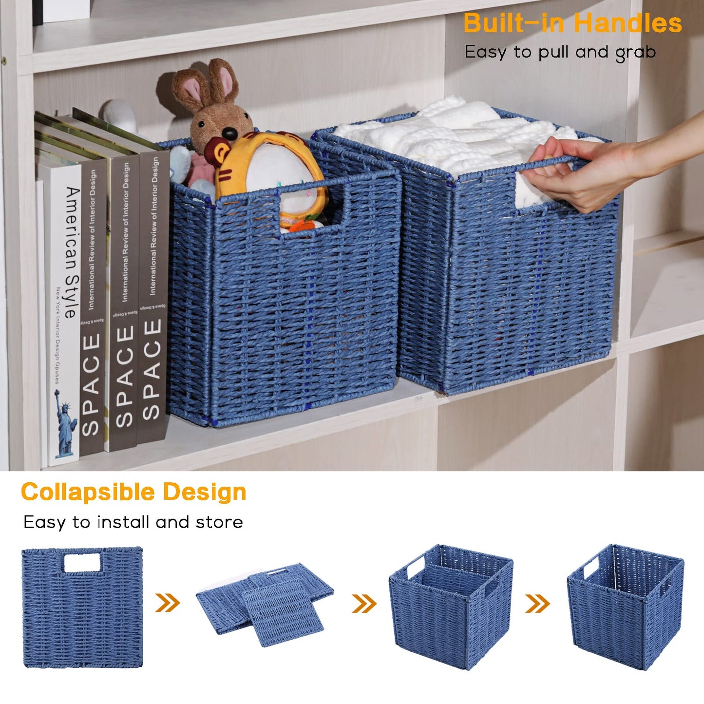 Vagusicc Wicker Storage Basket, Set of 2 Handwoven Paper Rope Collapsible Woven Baskets, 9'' x 9'' x 9'' Cube Storage Bins with Handle