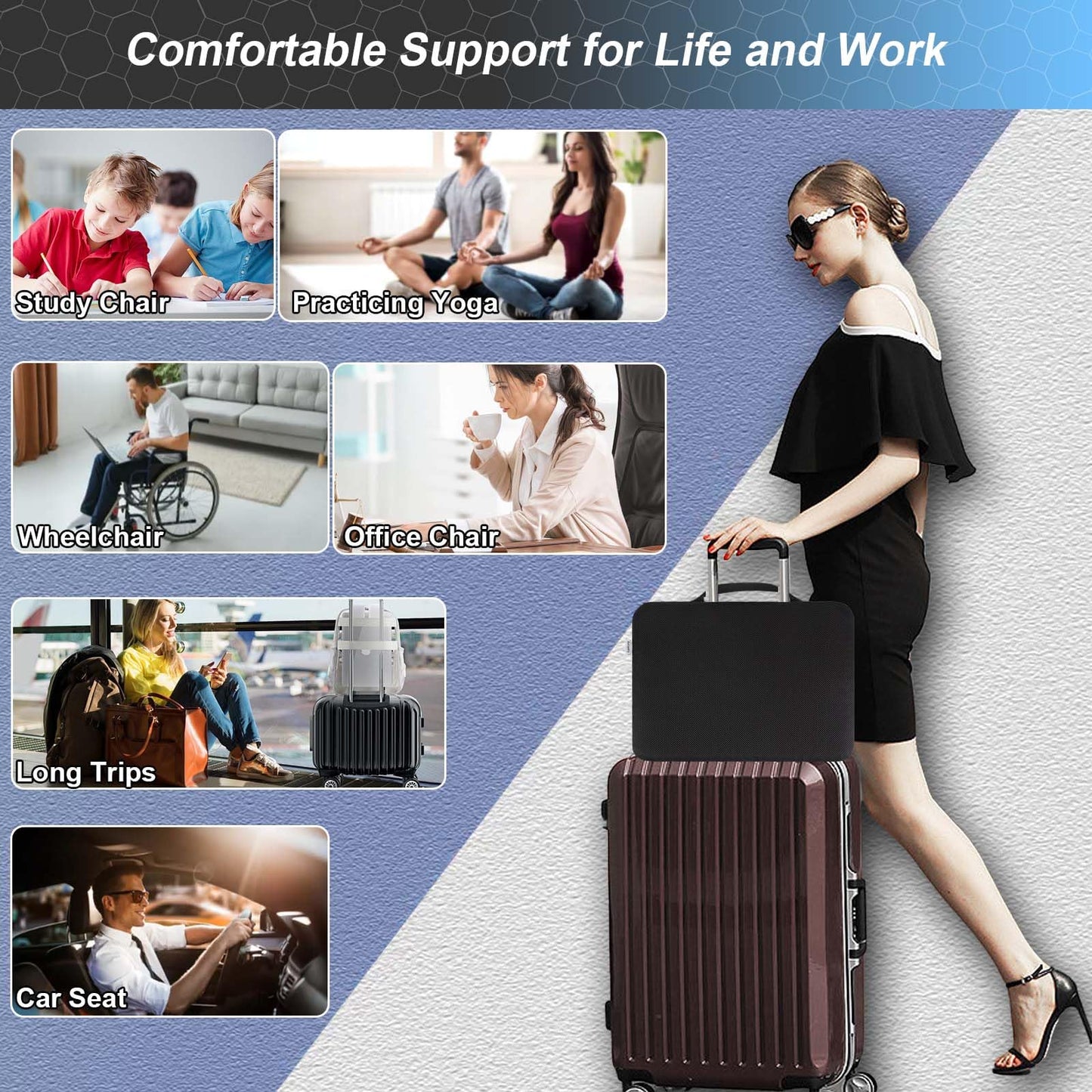 Airllantry Seat Cushion, Gel Seat Cushion for Long Sitting– Back, Sciatica, Tailbone Pain Relief Pad, 19in Seat Pad for Car, Office Chair, Wheelchair