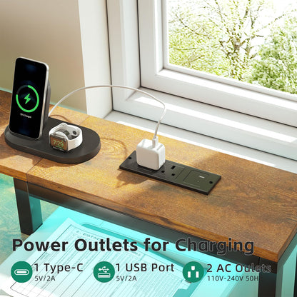 CAIYUN Computer Desk with Printer Stand, 48 Inch Computer with Power Outlets & Adjustable LED, Office Desk with Monitor Stand Rise