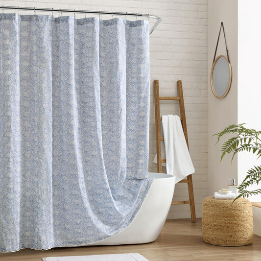Peri Home 100% Cotton Fabric Shower Curtain for Bathroom, 72 x 72 inches, Blue Ikat Eyelet