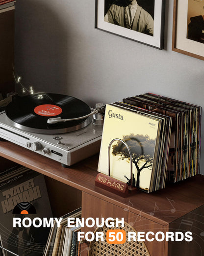 Bulado Now Playing Vinyl Record Holder, Wooden Vinyl Record Storage with Front Display Groove, Album Storage Stand Organizer for 50 LPs