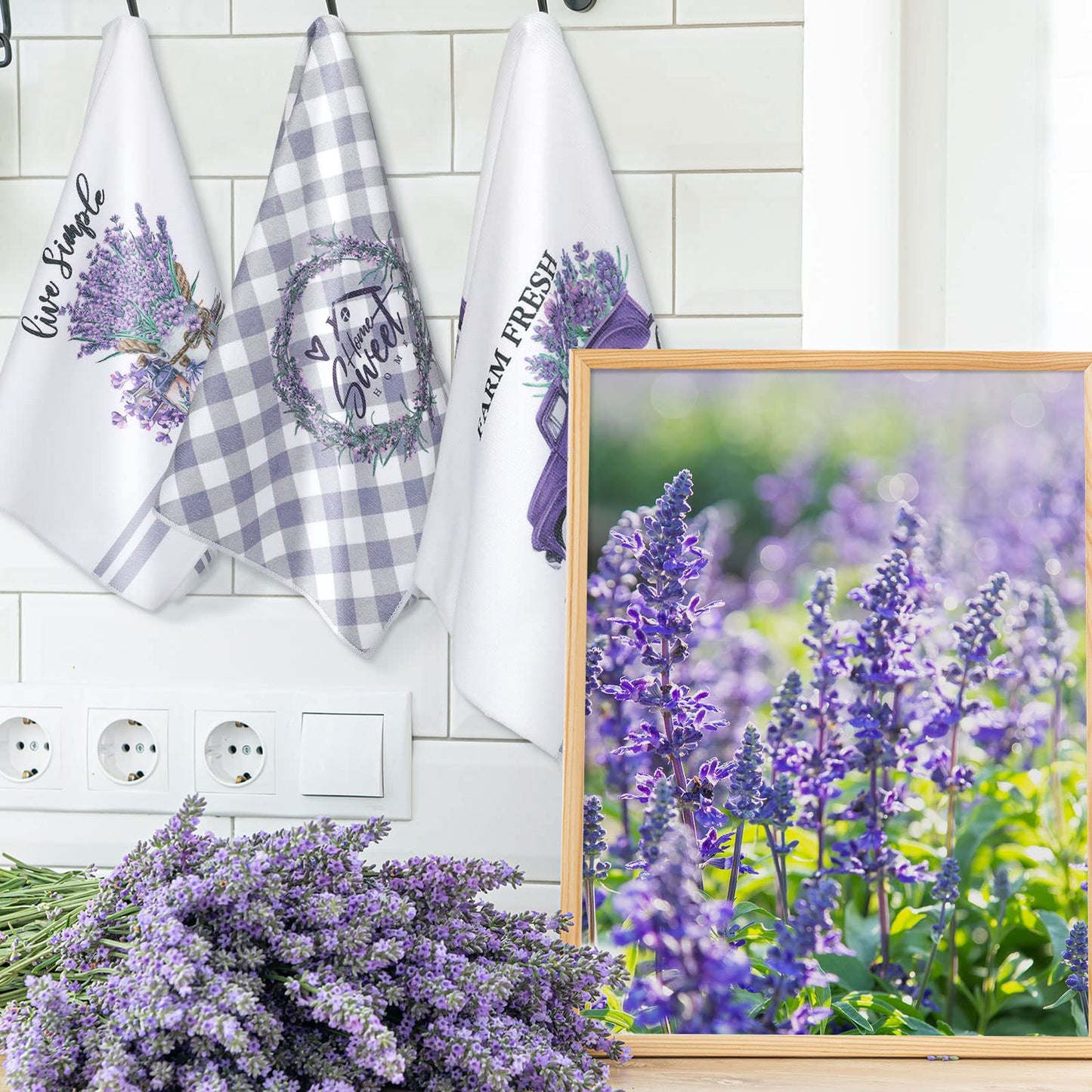 Boyiee Set of 6 Lavender Kitchen Towels Purple Floral Dishtowels Rustic Absorbent Purple Tea Hand Towels 24 x 16 Inches Lavender Lover Gifts for