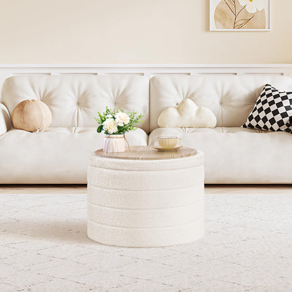 PINPLUS Round Ottoman Storage, Convertible Table, Cream White, 56x56x40 cm