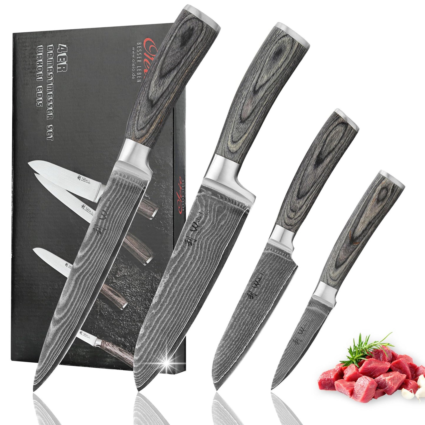 Wakoli EDIS 4-Piece Professional Damascus Kitchen Knife Set ? Made from 67 Layers of Genuine Damascus Steel with VG-10 Core | Professional Kitchen