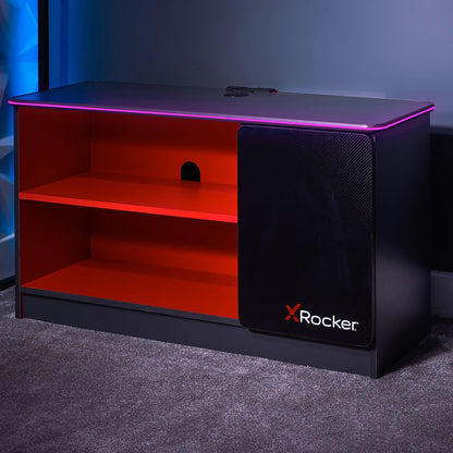 X-Rocker Carbon-Tek 100cm Width, RGB LED TV Stand Media Centre - Neo Fibre Lighting, 2 Open Shelves, 2 Shelf Storage Cupboard