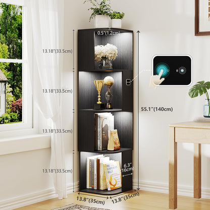 55.1 " Corner Wood Bookcase with Body Sensor LED for Home Office,Black
