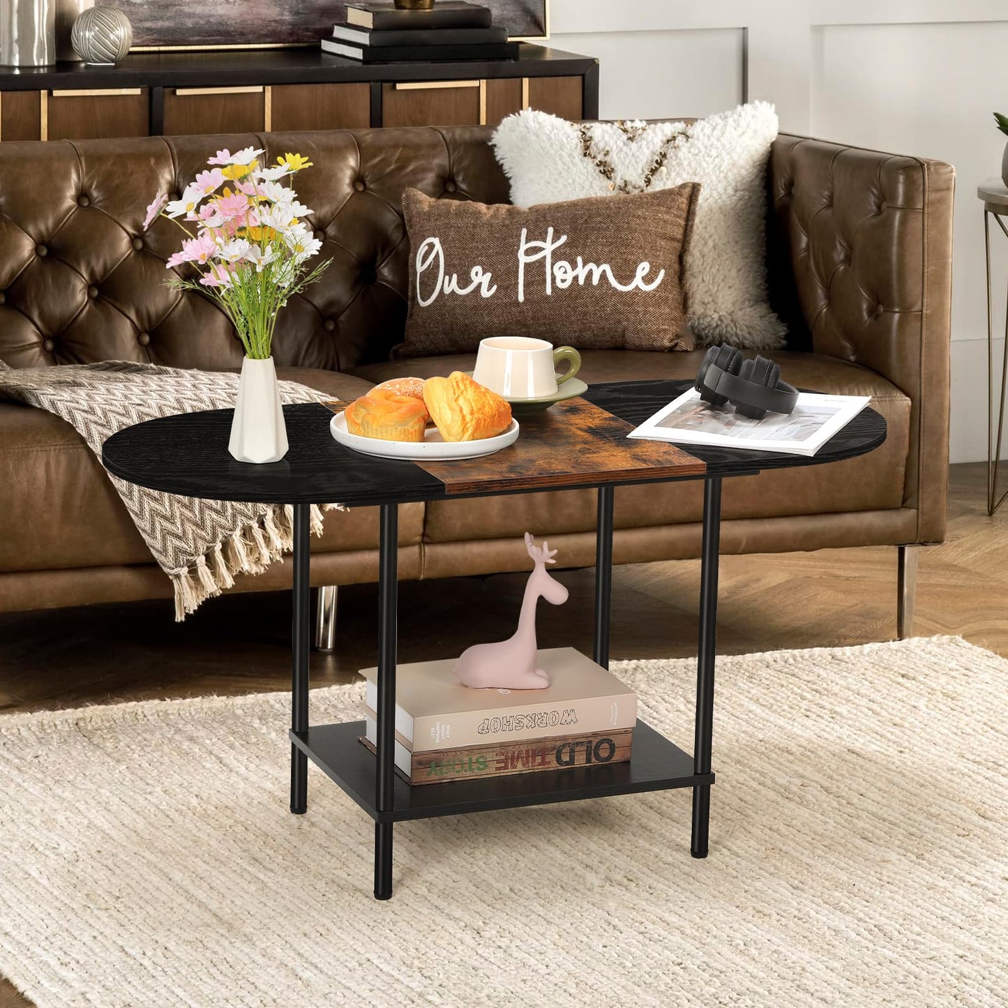 Shinoske Small Coffee Table Living Room Table Industrial Side Table Wood Coffee Table with Storage Shelf Metal Frame for Home Office, Brown & Black