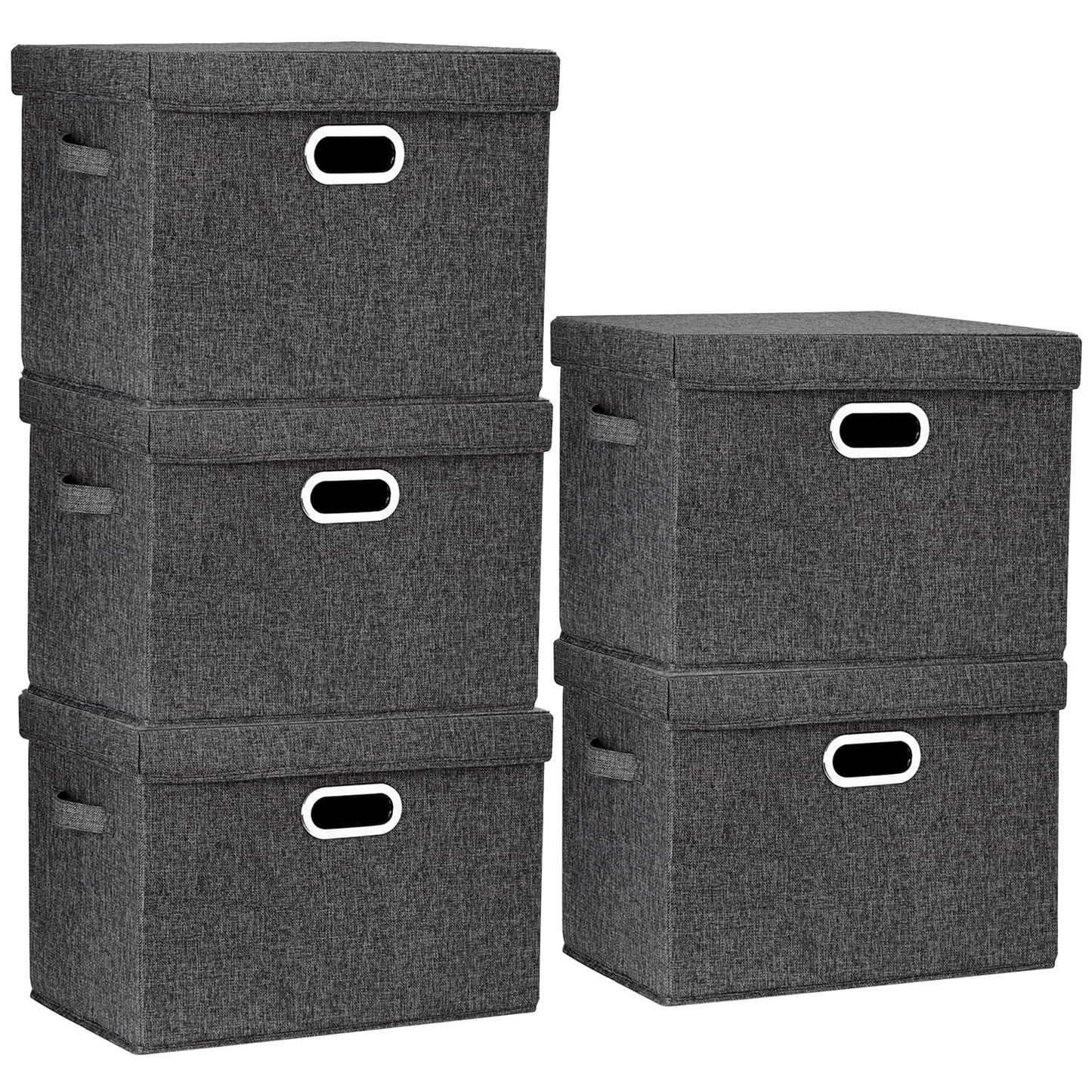 TYEERS Large Storage Box with Lid, Collapsible, Washable, Fabric Storage Box for Clothes, Wardrobe Storage, 44x30x29 cm, Set of 5, Black