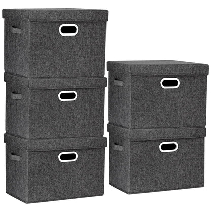 TYEERS Large Storage Box with Lid, Collapsible, Washable, Fabric Storage Box for Clothes, Wardrobe Storage, 44x30x29 cm, Set of 5, Black