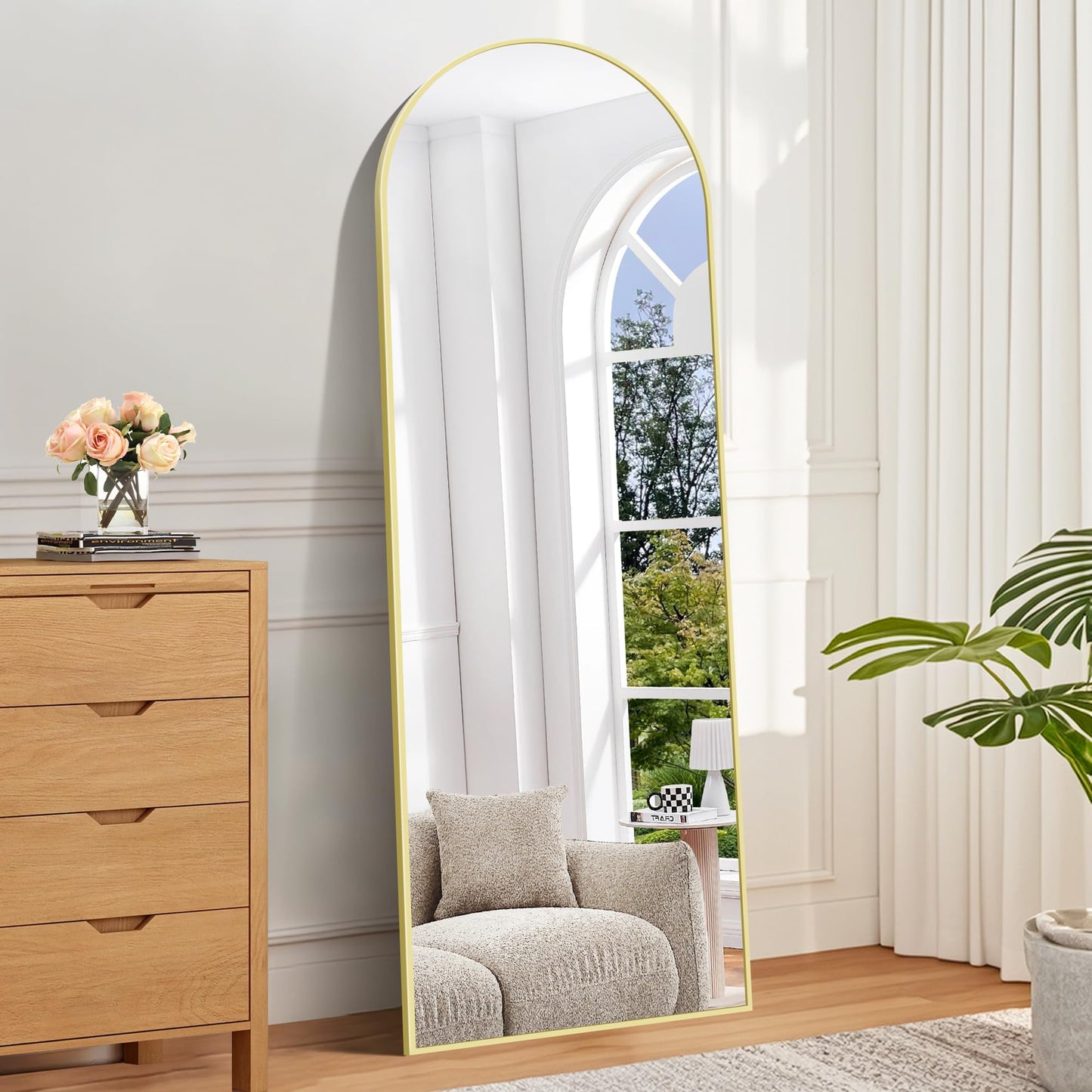 BONEWEI Arched Full Length Mirror, 161x52cm Full Body Free Standing Mirror Gold Aluminium Frame, Large Floor Mirror Standing Hanging or Leaning