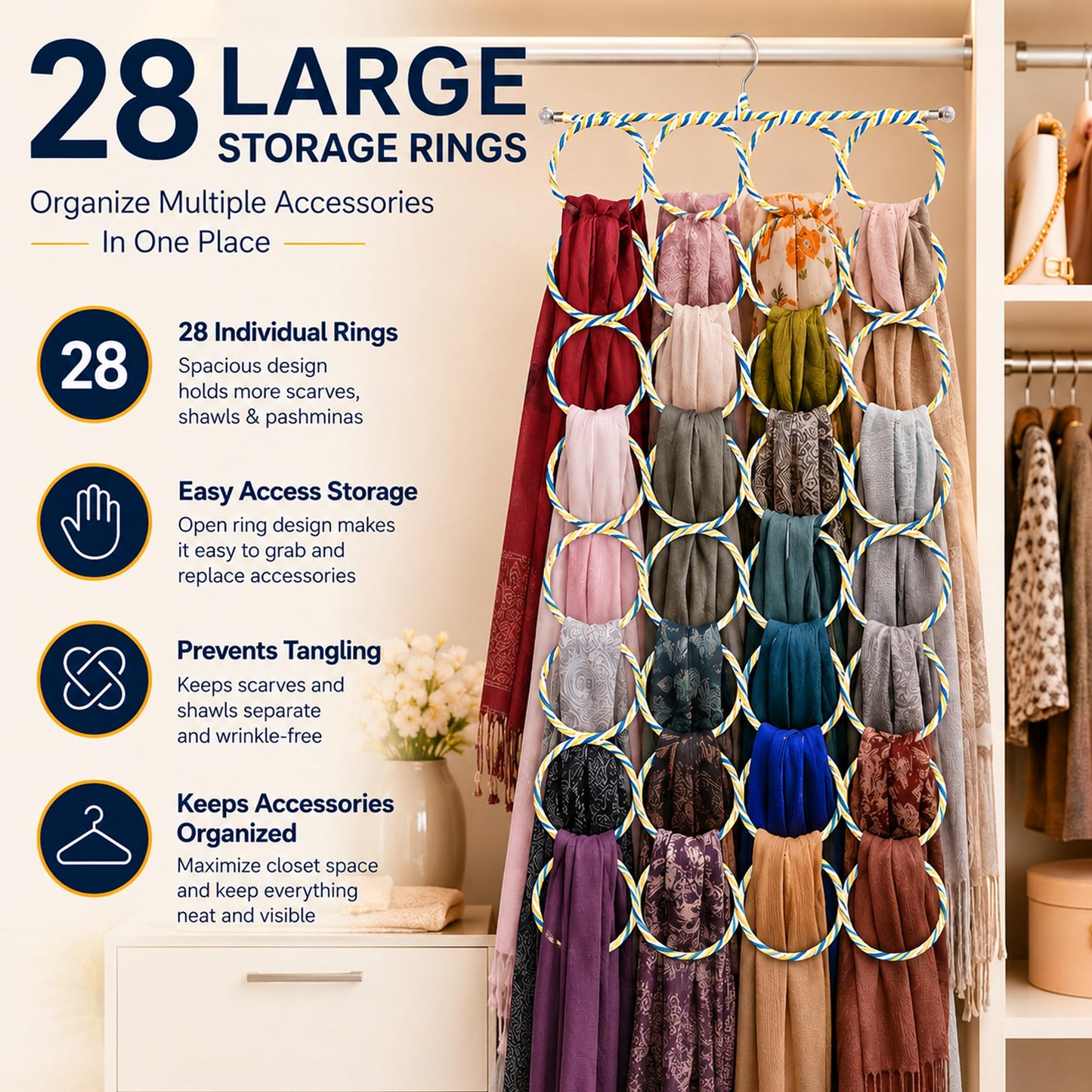 SystemsEleven Complement Shawls Hanger Belt Scarves Tie Rings Wardrobe Organizer Hooks Scarf Hangers Space Savers Foldable Scarfs Hanger with 28 Ring