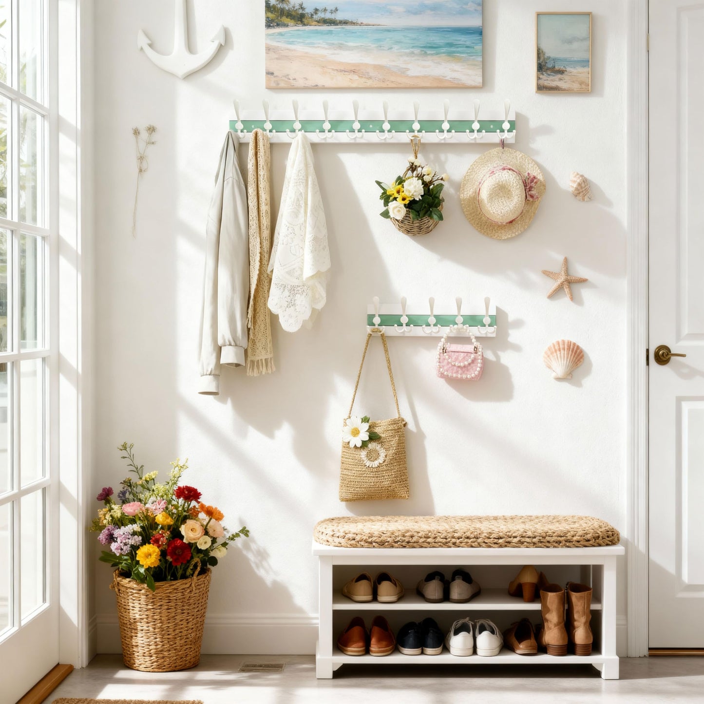 SKOLOO Coastal Wall Mounted Coat Rack - 38-1/8" Beach House Entryway Wooden Coat Hook with 10 Hooks for Hanging Coats, Hats or Towels