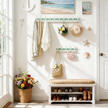 SKOLOO Coastal Wall Mounted Coat Rack - 16-7/8" Beach House Entryway Wooden Coat Hook with 5 Hooks for Hanging Coats, Hats or Towels