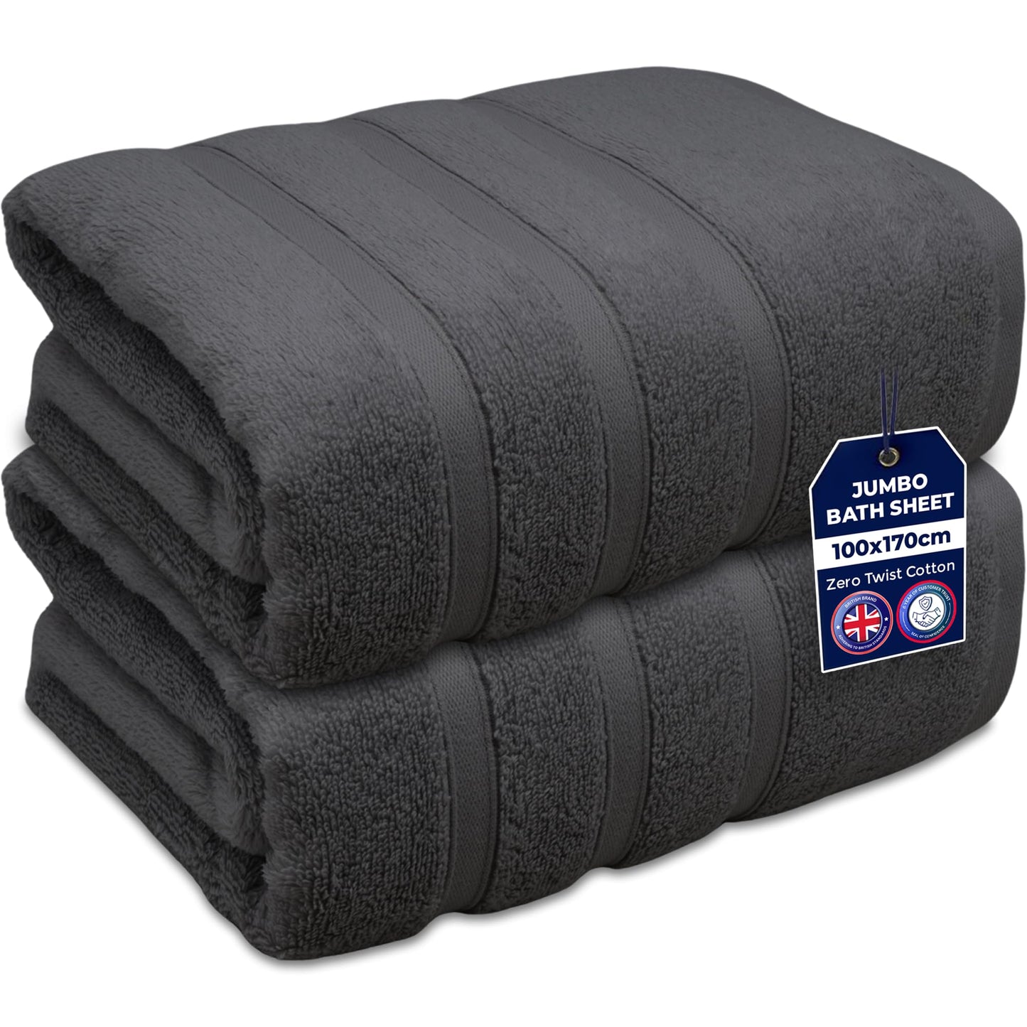 Towelogy Jumbo Bath Sheet 90x170cm 100% Egyptian Cotton Zero Twist Fast Drying Hotel Quality XL Bath Towels | Oeko-Tex Certified (2, Grey Charcoal)