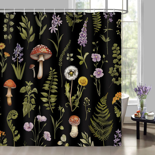 Bonhause Mushroom Floral Shower Curtain, Vintage Forest Plants Boho Bathroom Curtain 180 x 180 cm Waterproof Mildew and Mould Resistant Polyester