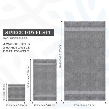 White Classic Luxury Bath Towels Set of 2 Bath Towels, 2 Hand Towels, 4 Face Towels, Light Grey 8 Pc Egyptian Cotton Towel Set, Hotel Towels Quality