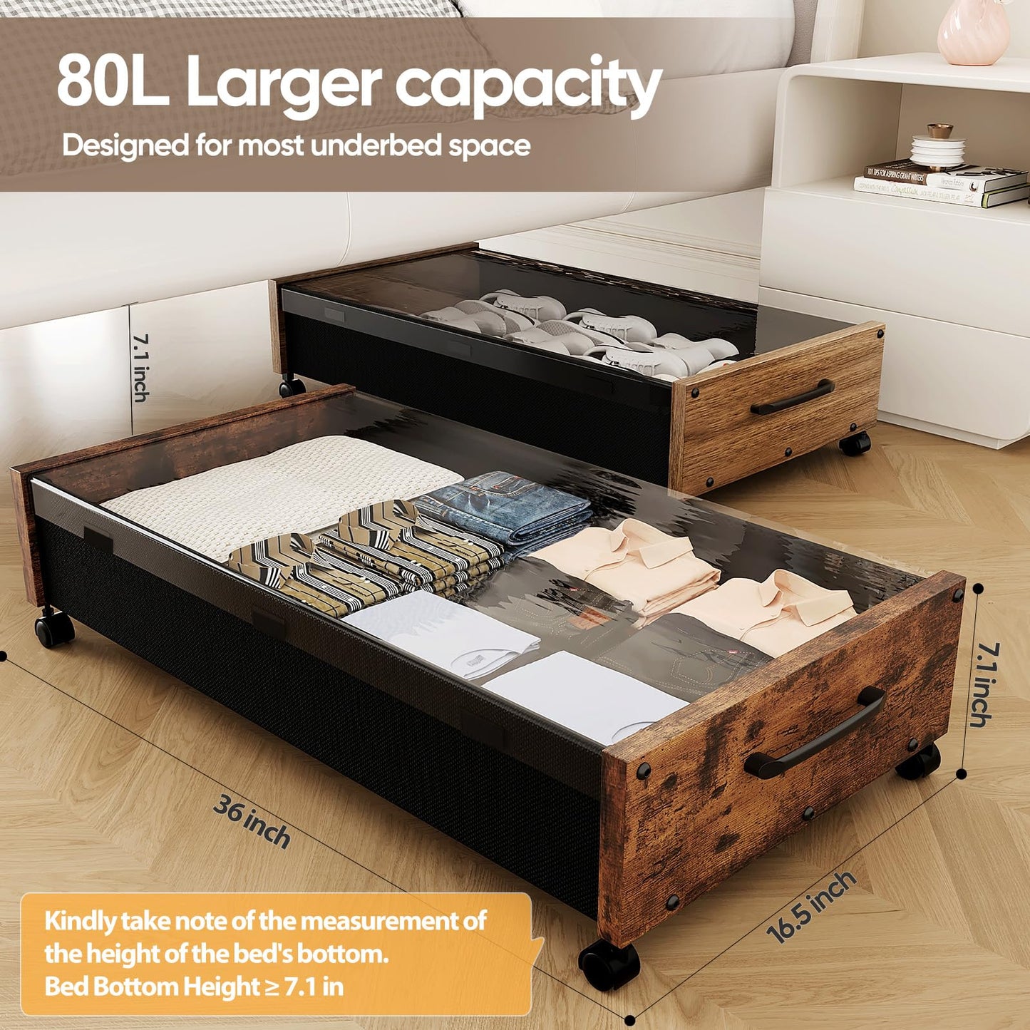 JSHNE Wooden UnderBed Storage with Wheels, 80L Extra-large Rolling Under the Bed Storage Bins 2 Pack with Removable Lid