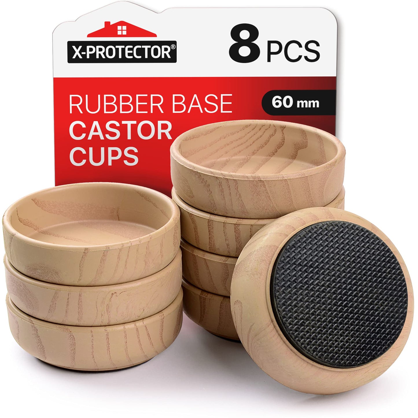 Rubber Base Castor Cups 8 PCS ?60mm X-Protector ? Furniture Castors with Non-Slip Base ? Floor Protectors for Chair & Sofa Legs ? Prevent Scratches