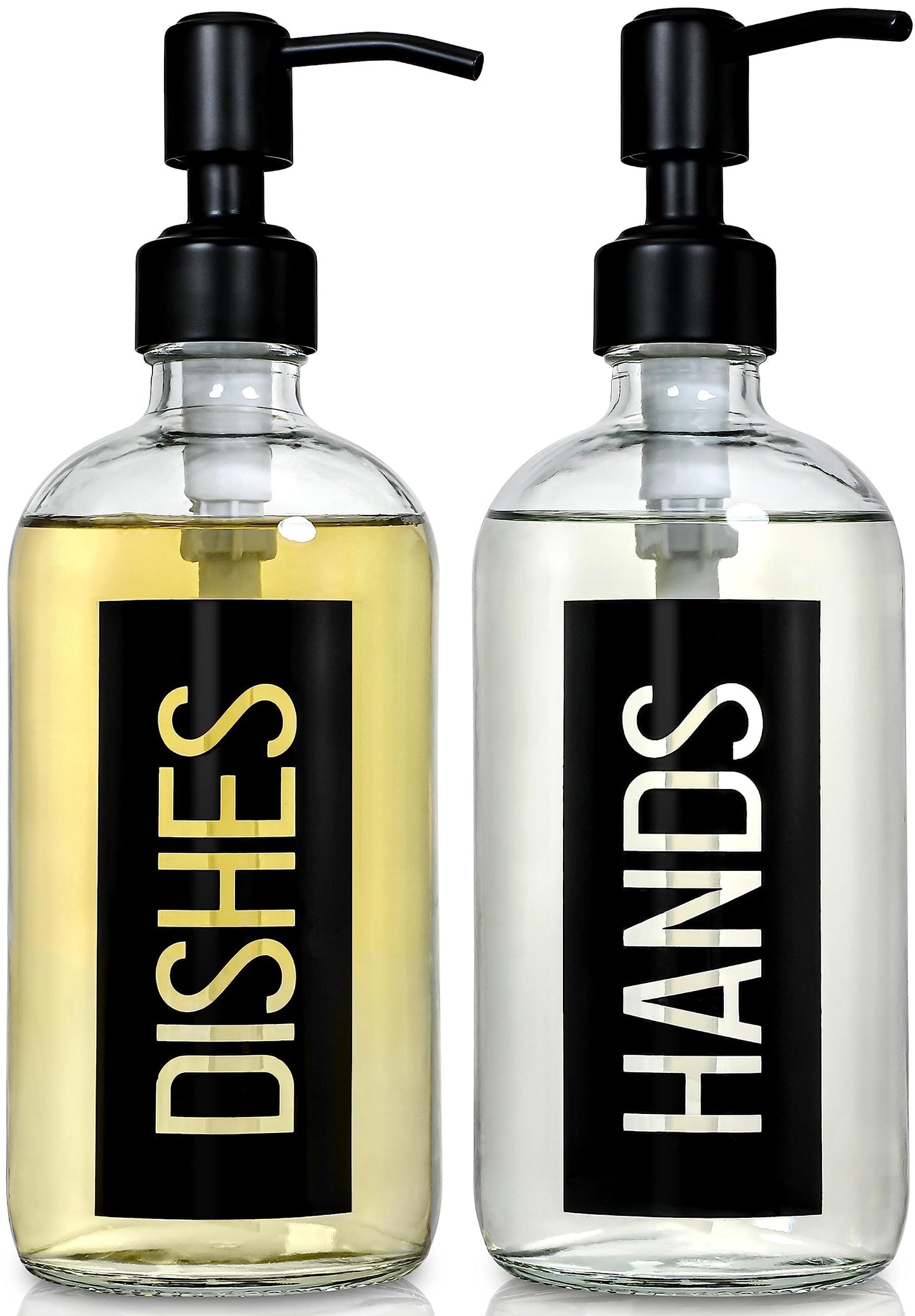 JASAI Classy Black Dish and Hand Soap Dispenser Set of 2 18OZ Glass Dish and Hand Soap Dispenser for Kitchen and Bathroom