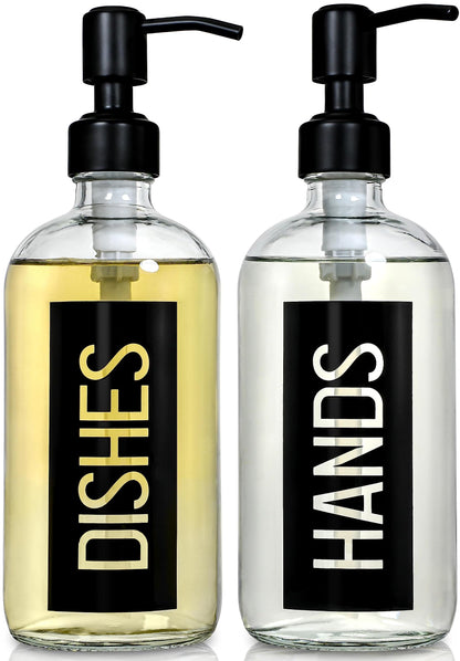 JASAI Classy Black Dish and Hand Soap Dispenser Set of 2 18OZ Glass Dish and Hand Soap Dispenser for Kitchen and Bathroom