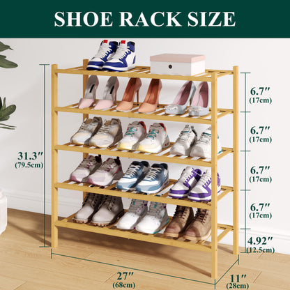 smiry Natural Bamboo Shoe Rack, 5 Tier Wooden Stackable Shoe Storage Organiser, Free Standing Shoes Storage Shelf for Entryway, Hallway, Small Spaces