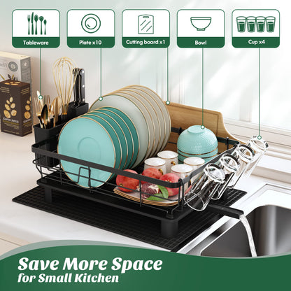 MAJALiS Dish Drainer Rack with Drip Tray, Dish Drainer with 360 Swivel Spout and Drainer Mat, Stainless Steel Dish Rack with Cup Holder and Cutting