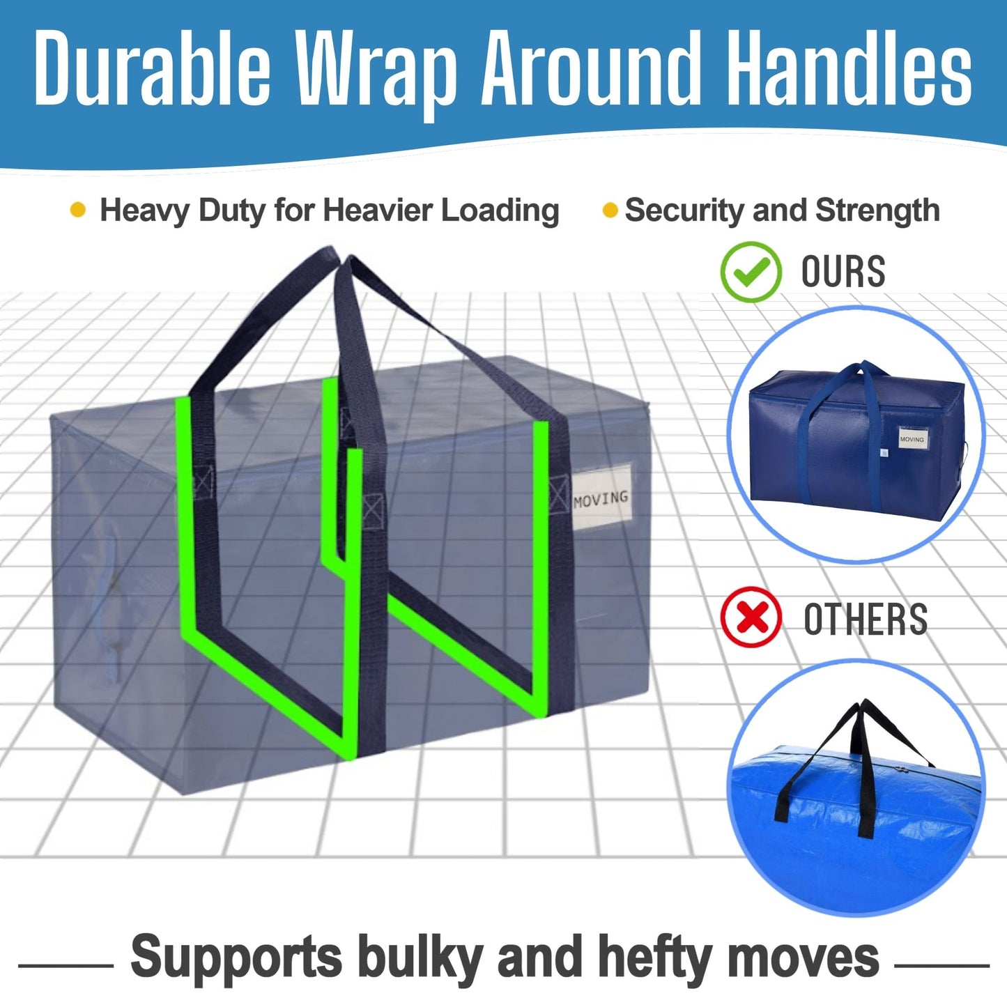 VENO 6 Pack Extra Large Moving Bags with Zippers & Carrying Handles, Heavy-Duty Storage Tote Moving Boxes for Space Saving (Blue-6 Pack)
