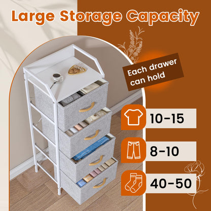 Feonase 4-Drawer Chest of Drawers with Metal Frame & Top Back Panel – Modern Fabric Storage Cabinet for Bedroom, Living Room, Small Spaces