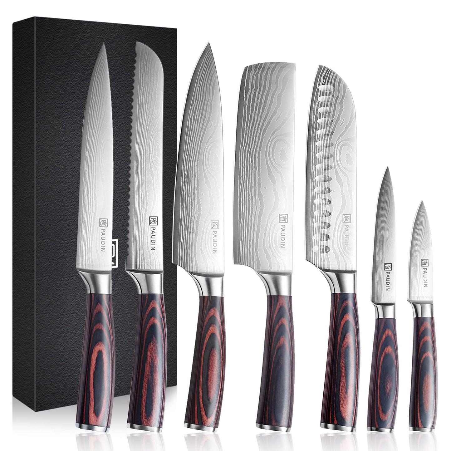 PAUDIN Knife Set, 7-Piece Kitchen Knives Set with High Carbon Stainless Steel, Professional Japanese Knife Set with Pakkawood Handle, Kitchen Knives