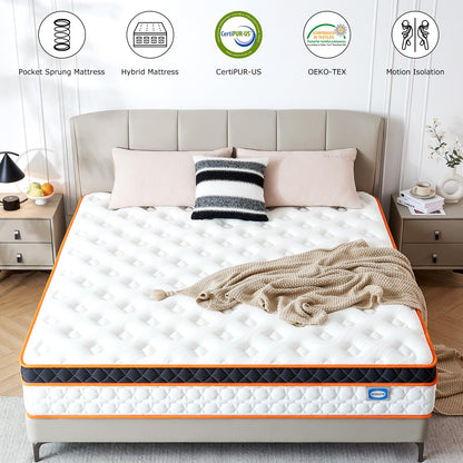Double Mattresses 4FT6, Gel Memory Foam & Individually Pocket Sprungs Hybrid Medium Firm Double Mattress, Cooling Double Bed Mattress, Orthopedic
