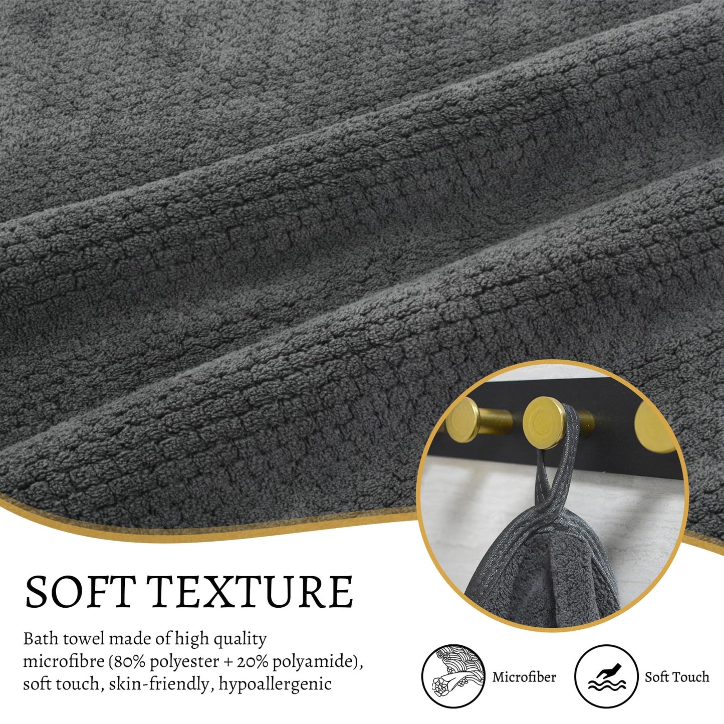VIVOTE Microfibre Bath Towels Set Soft Bath Sheet 70x140cm Grey 2 Pieces