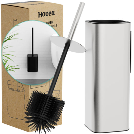 Hovea - Wall Mounted Toilet Brush Set - Silicone Brush & Metal Holder - Rustproof 304 Stainless Steel - No Drill - Wall Fixing with Sticker or Screws
