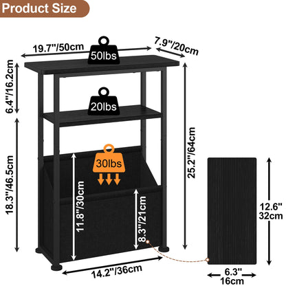 Yusong Narrow Side Table for Small Spaces, Skinny End Table with Storage Basket, 3 Tier Slim Sofa Couch Bedside Table, Thin Nightstand for Bedroom