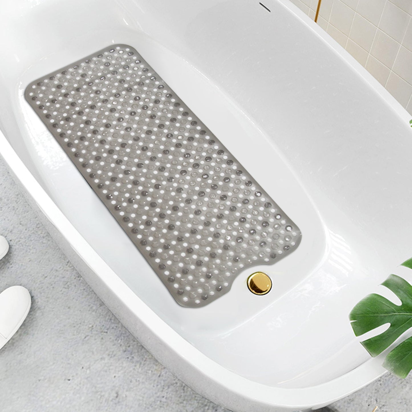 Non Slip Bath Mat and Shower Mat for Bathroom Extra Long Bathtub Mat with Strong Suckers and Drain Holes Machine Washable Mat - Grey - 40 x 100 cm