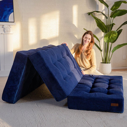 MAXYOYO Folding Mattress, Comfy Corduroy Foldable Mattress with 15cm Thicken Foam, Tri-Fold Floor Futon Sofa Bed for Guest,Dark blue,Double