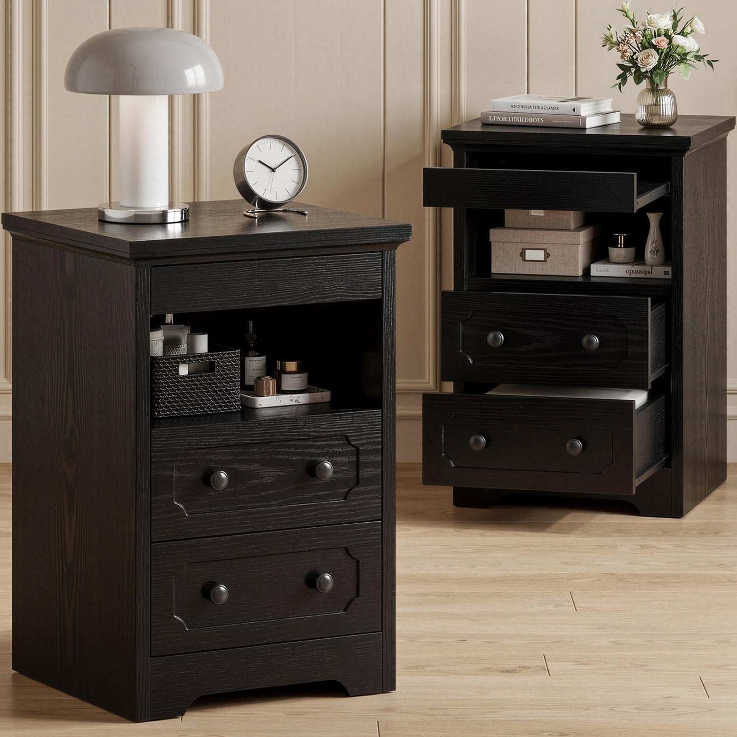 IRONCK Bedside Table Set of 2, Modern Nightstand with 2 Drawers, Open Shelf, End Table with Pull-Out Tray for Bedroom, Living Room, Black