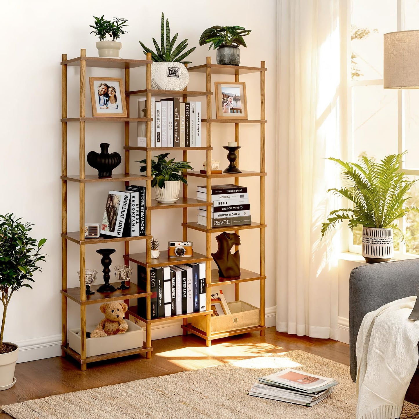 YGYQZ Shelving Unit, Cube Storage Unit with 17 Shelves, Tall Bookshelf Wooden Open Bookcase for Living Room, Home Office, Rustic Brown 114x30x163 cm