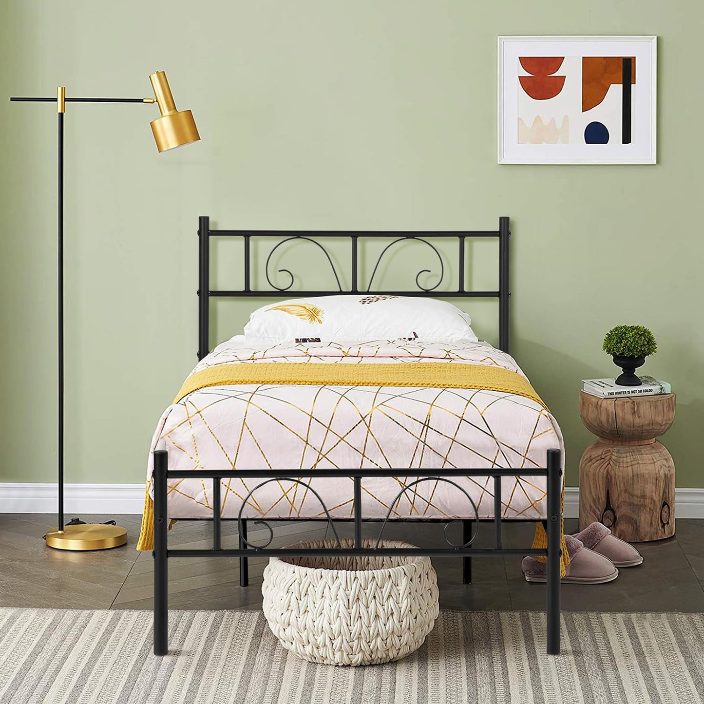 FurnitureR Single Bed frame - Bed 90x190 cm - 28 cm Height with Underbed storage - Metal Platform Bed frame with Headboard and Footboard - Black