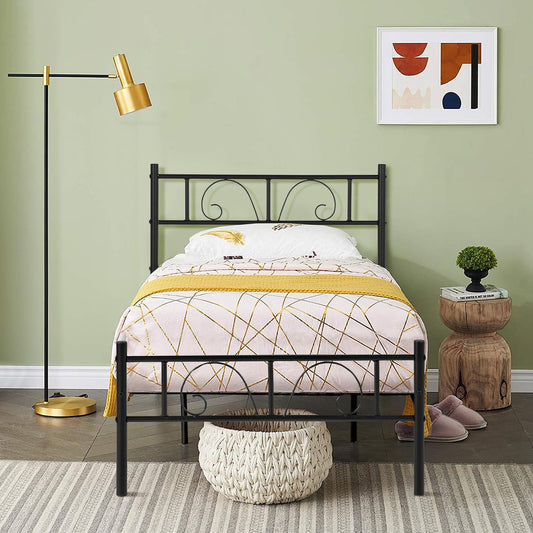 FurnitureR Single Bed frame - Bed 90x190 cm - 28 cm Height with Underbed storage - Metal Platform Bed frame with Headboard and Footboard - Black