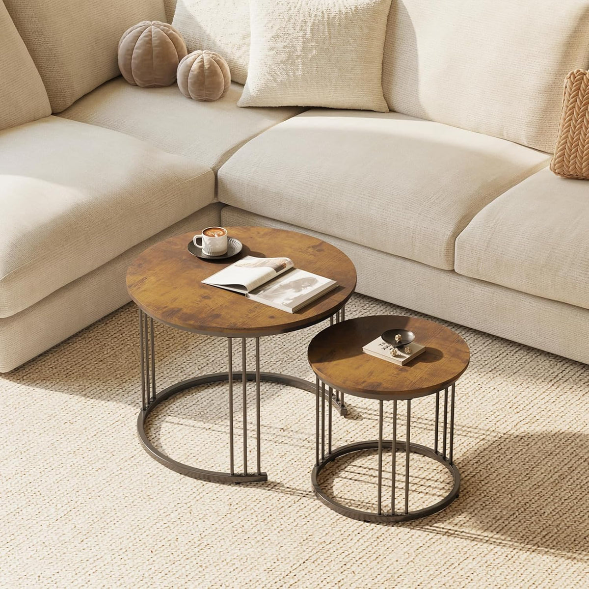 Huhote Round Coffee Tables, Set of 2 End Table, Nesting Tables, Side Table with Metal Frame for Living Room/Bedroom/Balcony/Office/Apartment
