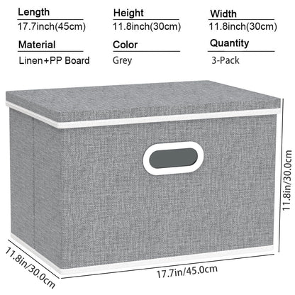Yawinhe Large Storage Box with Lid 3 Pack, Collapsible Cubes Baskets, for Cupboards, Wardrobe, Shelves, 44x30x30cm, Grey, SNK023GX-3