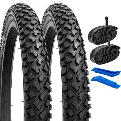 YunSCM 2-Pack 20" 60TPI Bike Tyres 20x2.125 and 20" Bike Tubes AV32mm Schrader Valve Compatible with 20x2.10 20x2.125 57-406 20x2.20 Mountain Bike