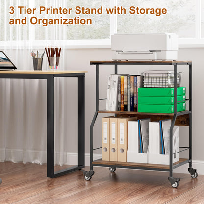 TQVAI 3 Tier Large Printer Stand with Storage on Wheels Printer Table Home Office Microwave Shelf for Kitchen Storage Trolley Rustic Brown Furniture