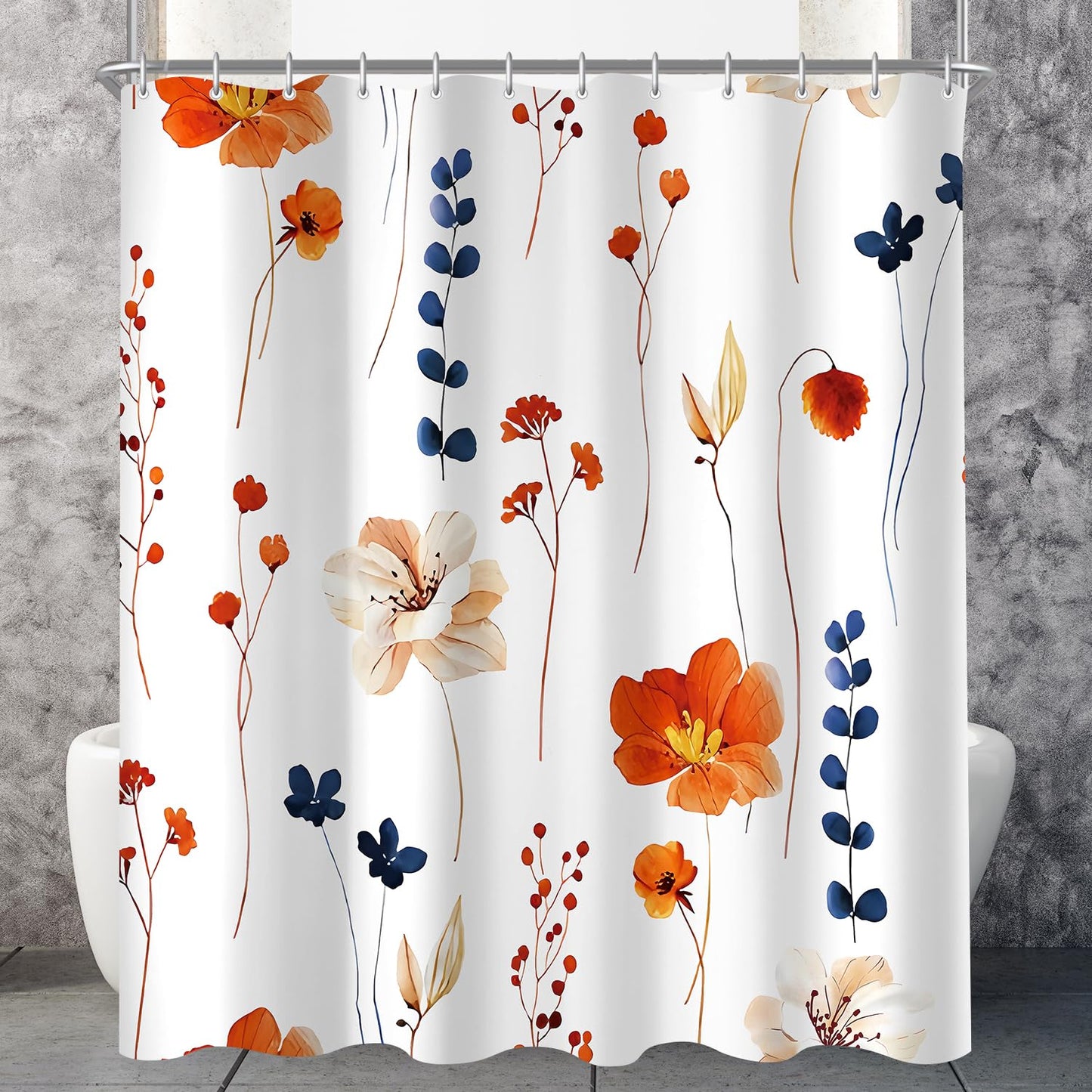 Lerores Shower Curtain, 180 x 180 cm, Orange & Navy Flower, Weighted Hem, Anti-Mould, Water-Repellent, Washable Polyester Bath Curtains with 12