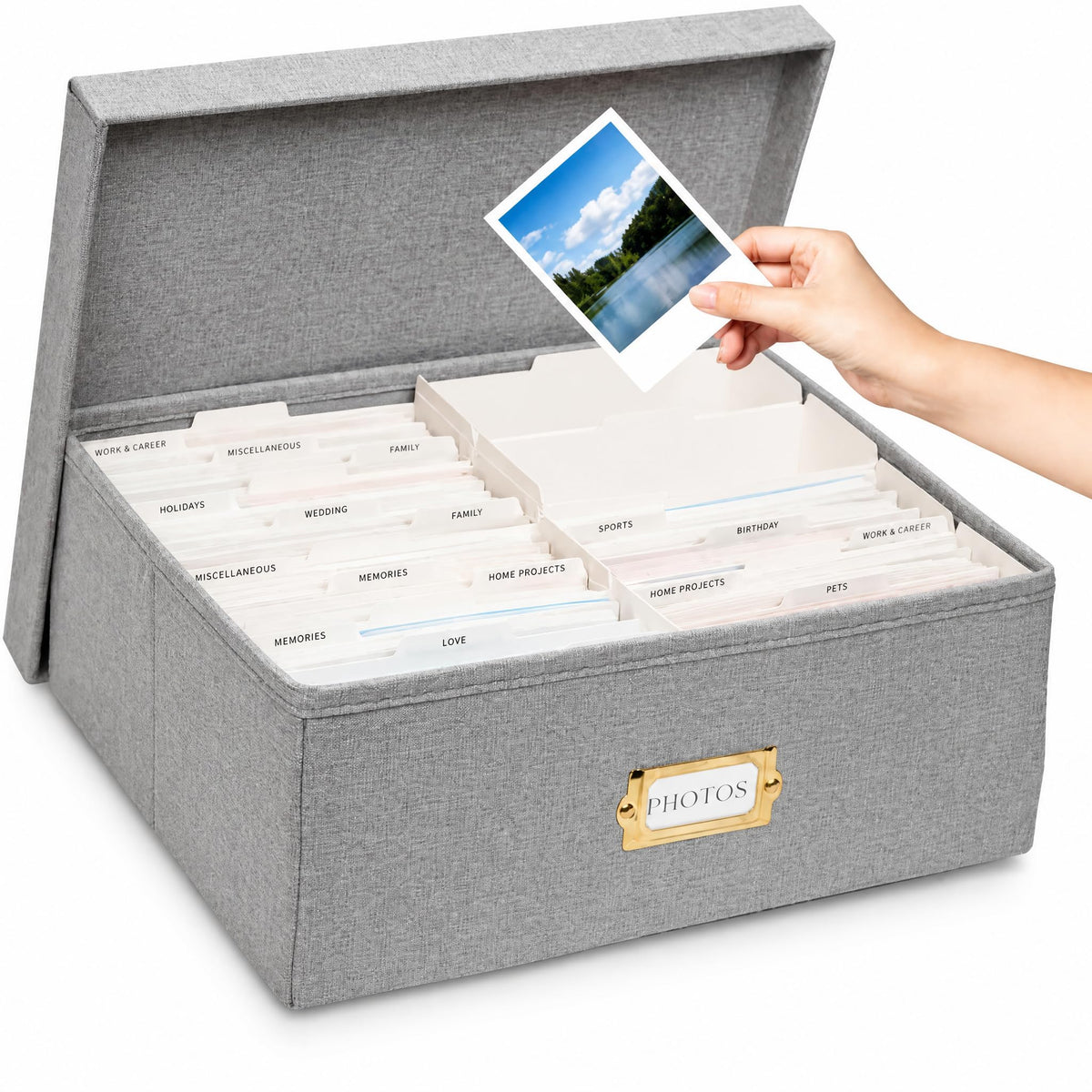 kroucoco Linen Photo Storage Box,hold up to 1700 Photos of 4x6”,Photo Containers with Dividers,Photo Storage Organizer with Lid for